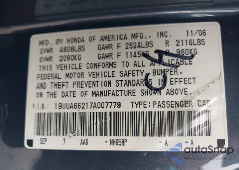 2007 Acura Tl 3.2 from USA, damaged, VIN 19UUA66217A007779